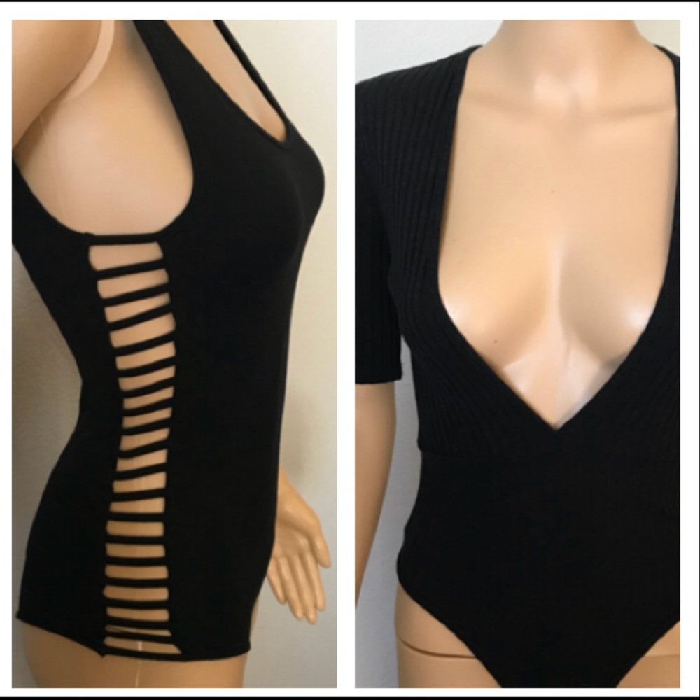 2 Small Black body suits. 1 V neck. 1 side cutouts